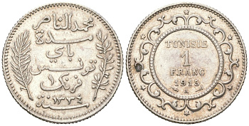 Тунис 1 франк 1915 A KM 238 серебро 4616-145