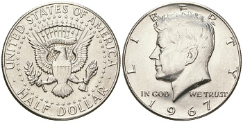 США 1/2 доллара (50 центов) 1967 Джон Кеннеди KM 202a серебро  UNC  4178-916