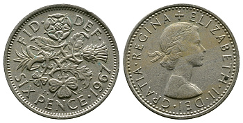 Великобритания 6 пенсов 1967 Елизавета II (1952-2022) KM 903, Spink 4149 медно-никель 4381-912