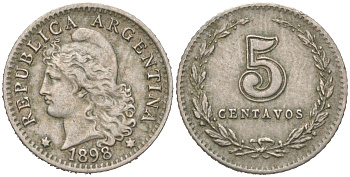 Аргентина 5 сентаво 1898 KM 34 медно-никель 4621-1032