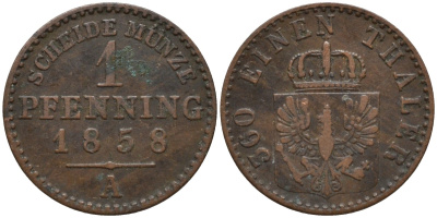 Пруссия 1 пфенниг 1858 A, Фридрих Вильгельм IV (1840-1861) KM 451 медь 4532-324