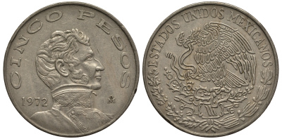 МЕКСИКА 5 ПЕСО 1972 ВИСЕНТЕ ГЕРРЕРО KM 472 медно-никель VF 118-1022