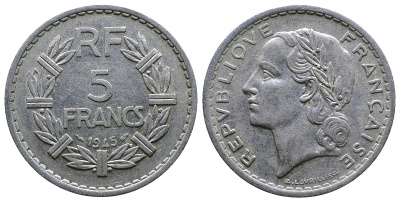 Франция 5 франков 1945 KM 888b.1, Le Franc 339.3 алюминий 4364-4324