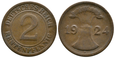 ГЕРМАНИЯ 2 РЕНТЕНПФЕННИГА 1924 F KM 31, J.307 бронза 86-1434