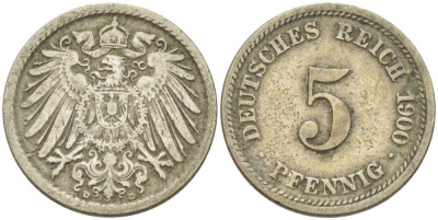 ГЕРМАНИЯ 5 ПФЕННИГОВ 1900 D KM 11, J. 12, Weege 6 медно-никель 206-925