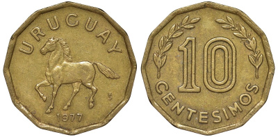Уругвай 10 сентесимо 1977 KM 66 алюминиевая бронза 4164-756