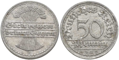 ГЕРМАНИЯ 50 ПФЕННИГОВ 1922 G KM 27, J. 301, Weege 10 алюминий 261-754