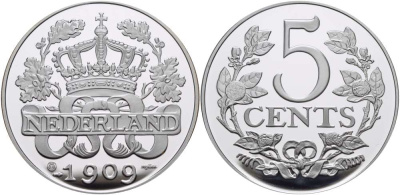 НИДЕРЛАНДЫ МЕДАЛЬ ND 5 ЦЕНТОВ 1909, ДИАМЕТР 45 ММ., ВЕС 31,33 ГР. серебро PROOF 00-00