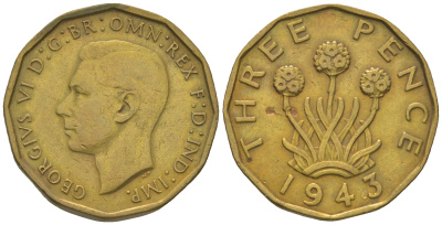Великобритания 3 пенса 1943 Георг VI (1936-1952) KM 849, Spink 4112 никель латунь 60-1315