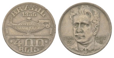 Бразилия 400 реалов 1936 Освалду Крус KM 539 медно-никель 4624-1231