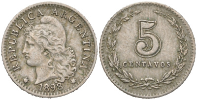 Аргентина 5 сентаво 1898 KM 34 медно-никель 4621-1032