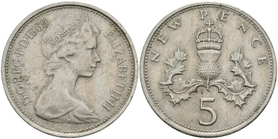 Великобритания 5 пенсов 1969 Елизавета II (1952-2022) KM 911, Spink 4233 (D1) медно-никель 94-527