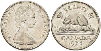 Канада 5 центов 1974 бобр, Елизавета II (1952-) KM 60.1 никель 86-832
