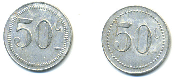 ФРАНЦИЯ 50 САНТИМОВ НАЧАЛО XX ВЕКА d 24 мм, вес около 1,0 гр., платежный жетон алюминий 89-931