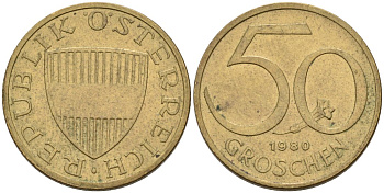 Австрия 50 грошей 1980 KM 2885 алюминиевая бронза 4567-416