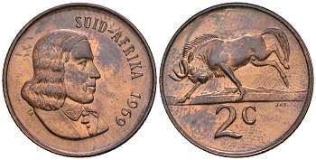 ЮАР 2 цента 1969 Ян ван Рибек (1619-1677), Suid Africa, легенда на африкаанс, антилопа гну KM 66.2 бронза  aUNC  4176-743