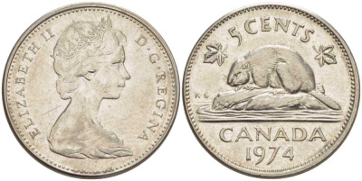 Канада 5 центов 1974 бобр, Елизавета II (1952-) KM 60.1 никель 86-832