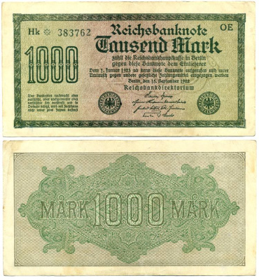 ГЕРМАНИЯ 1000 МАРОК 1922 15 СЕНТЯБРЯ 1922, ВОДЯНОЙ ЗНАК E, БЕЛАЯ БУМАГА Pick 76a бумага 7548-55-3