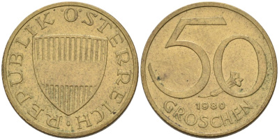 Австрия 50 грошей 1980 KM 2885 алюминиевая бронза 4567-416