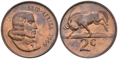 ЮАР 2 цента 1969 Ян ван Рибек (1619-1677), Suid Africa, легенда на африкаанс, антилопа гну KM 66.2 бронза  aUNC  4176-743