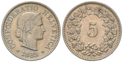 Швейцария 5 раппенов 1883 B KM 26 медно-никель 4189-1018