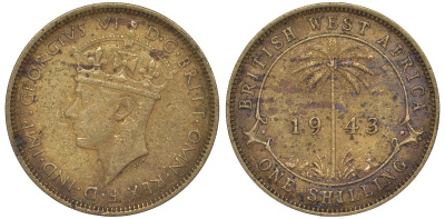 Британская Западная Африка 1 шиллинг 1943 Георг VI KM 23 никель латунь 25-1643