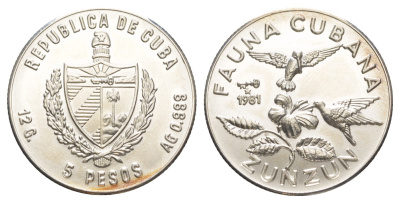 Куба 5 песо 1981 Фауна Кубы - Колибри-пчёлка KM 76 серебро BU 603-425