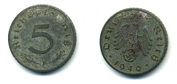 ГЕРМАНИЯ 5 РЕЙХСПФЕННИГОВ 1940 F, KM 100, J. 370 цинк 54-436
