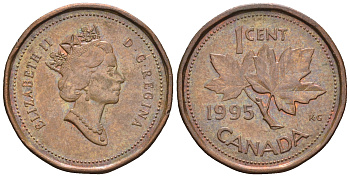 Канада 1 цент 1995 Елизавета II (1952-2022), кленовый лист KM 181 бронза 4609-248