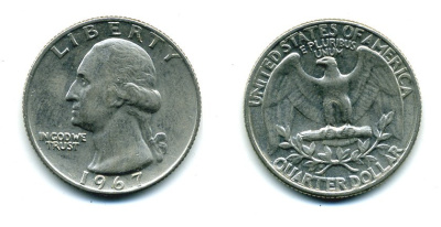 США 25 центов (квотер) 1967 Вашингтон KM 164a медь плакированная медно-никелем 46-1923