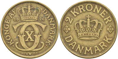 Дания 2 кроны 1926 HCN; GJ, Кристиан X (1912-1947) KM 825.1 алюминиевая бронза 4578-321