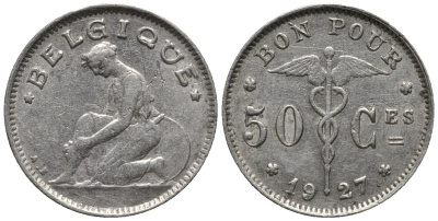 Бельгия 50 сантимов 1927 Belgique, Альберт I (1910-1934) KM 87 никель 4579-1254