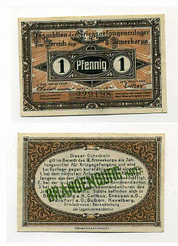 Германия 1 пфенниг 1917 инспекция лагерей военнопленных в Бранденбурге, III-ий Армейский корпус C-2767 бумага UNC (пресс) 504-71-2-1
