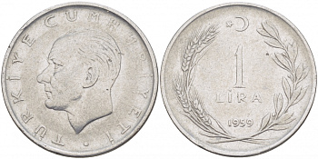 Турция 1 лира 1959 Мустафа Кемаль Ататюрк KM 889а.1 нержавеющая сталь 4529-1251