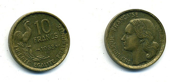 Франция 10 франков 1953 B, петух KM 915.2, Le Franc 363.9 алюминиевая бронза 84-252