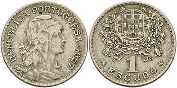 ПОРТУГАЛИЯ 1 ЭСКУДО 1927 ПЕРВЫЙ ГОД KM 578 медно-никель 4563-1014