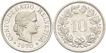 Швейцария 10 раппенов 1970 KM 27 медно-никель 4529-255