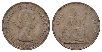 Великобритания 1 пенни 1967 Елизавета II (1952-2022) KM 897, Spink 4157 бронза 4661-1034
