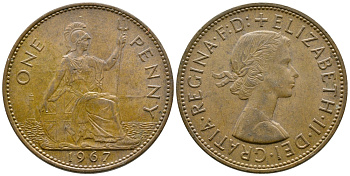 Великобритания 1 пенни 1967 Елизавета II (1952-2022) KM 897, Spink 4157 бронза 4364-4322