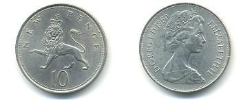 Великобритания 10 пенсов 1969 Елизавета II (1952-2022) KM 912, Spink 4231 (F1) медно-никель 83-621