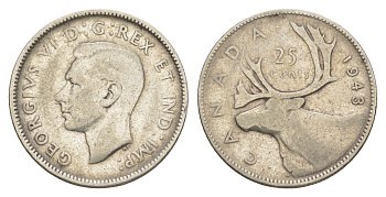 Канада 25 центов 1943 Георг VI (1936-1952), олень KM 35 серебро 4631-852