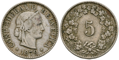 Швейцария 5 раппенов 1879 KM 26 медно-никель 4608-969