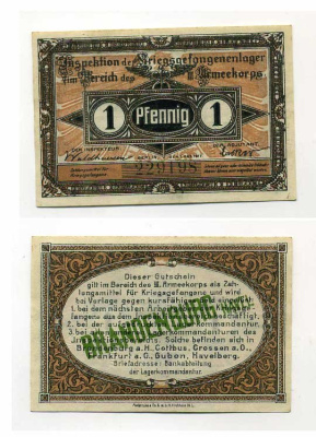 Германия 1 пфенниг 1917 инспекция лагерей военнопленных в Бранденбурге, III-ий Армейский корпус C-2767 бумага UNC (пресс) 504-71-2-1