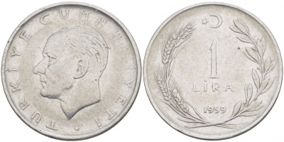 Турция 1 лира 1959 Мустафа Кемаль Ататюрк KM 889а.1 нержавеющая сталь 4529-1251