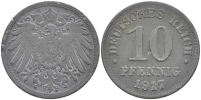 ГЕРМАНИЯ 10 ПФЕННИГОВ 1917 KM 26, J. 299 цинк 175-227
