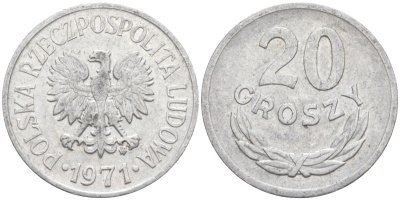 Польша 20 грошей 1971 MW KM A47 алюминий 3336-623