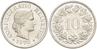 Швейцария 10 раппенов 1970 KM 27 медно-никель 4529-255