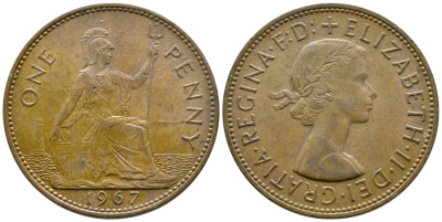 Великобритания 1 пенни 1967 Елизавета II (1952-2022) KM 897, Spink 4157 бронза 4364-4322