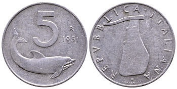 ИТАЛИЯ 5 ЛИР 1951 R, РУЛЬ, ДЕЛЬФИН KM 92 алюминий 4379-967