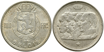 Бельгия 100 франков 1951 Belgie, королевская династия KM 139.1 серебро 1526-1315